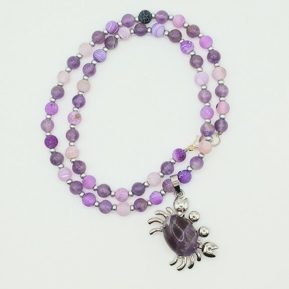 Handmade Jewelry - Purple Amethyst Beaded Handmade 18 Inch Necklace With Crab Pendant